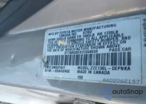 2003 Toyota Corolla Le из США, поврежденный, VIN 2T1BR32E83C059039